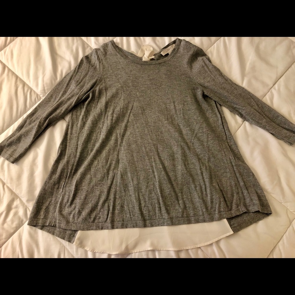 Loft Mixed Fabric Grey and Cream Flowy Blouse